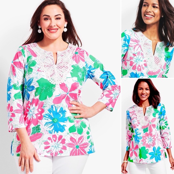TALBOTS Tunic Floral Lace 100% Cotton 3/4 Sleeve Split Neck Popover Styling - Picture 3 of 14